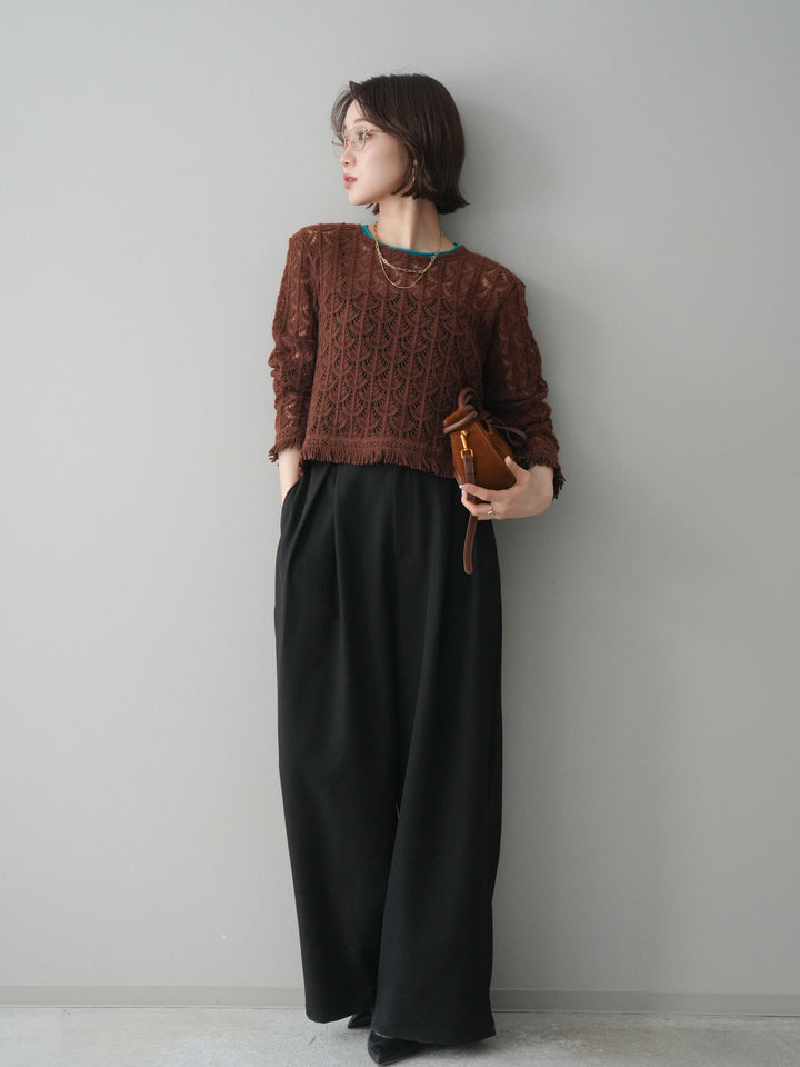 [予約]サテンベルトタックワイドパンツ/black