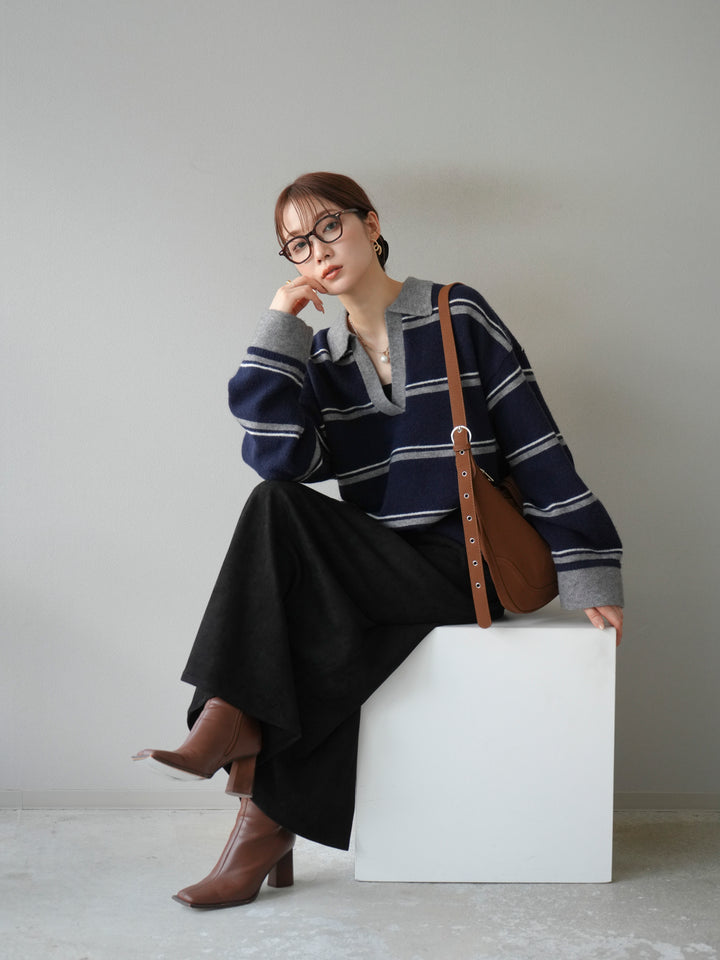 [予約]ポロ襟スキッパーボーダーニットプルオーバー/ネイビー