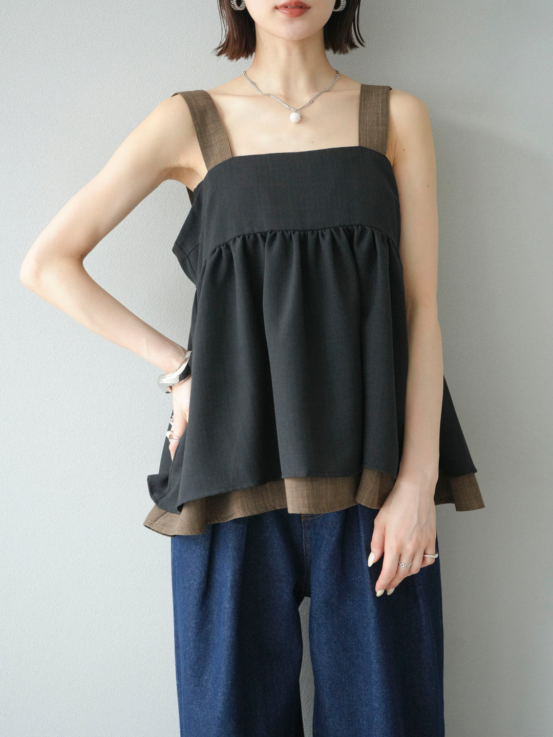 [予約]リネンライク配色フレアタンクトップ/ブラック