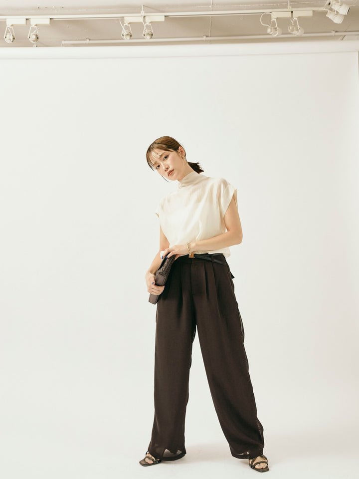 【Allure】[SET]シャイニーシアーブラウス+メッシュタックワイドパンツ(2set)