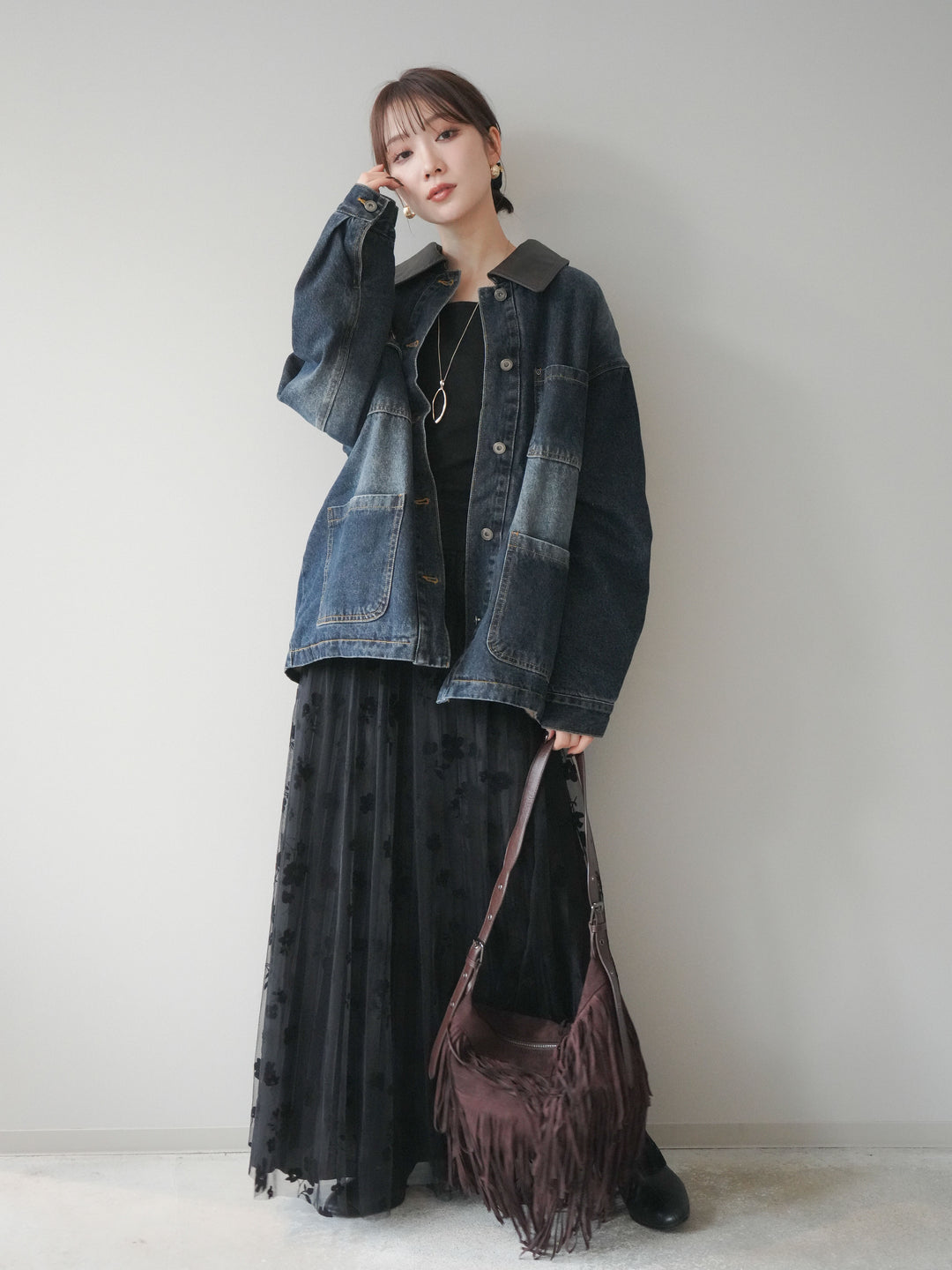 [SET]裏地ファーデニムフライトジャケット+フラワーフロッキーチュールプリーツスカート(2set)