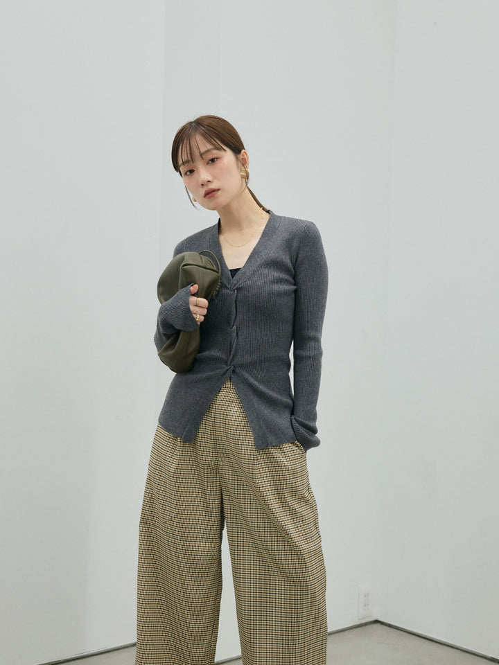 【Allure】[SET]フロントツイストリブニットトップス+チェック柄タックワイドパンツ(2set)