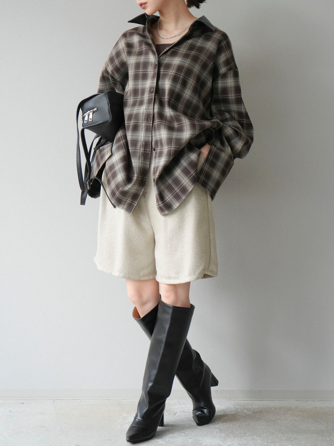 [SET]レザー襟オンブレチェックオーバーシャツ +ツイードハーフパンツ(2set)