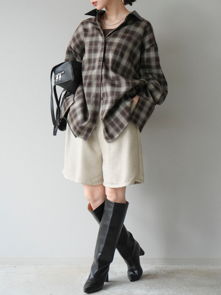 [SET]レザー襟オンブレチェックオーバーシャツ +ツイードハーフパンツ(2set)