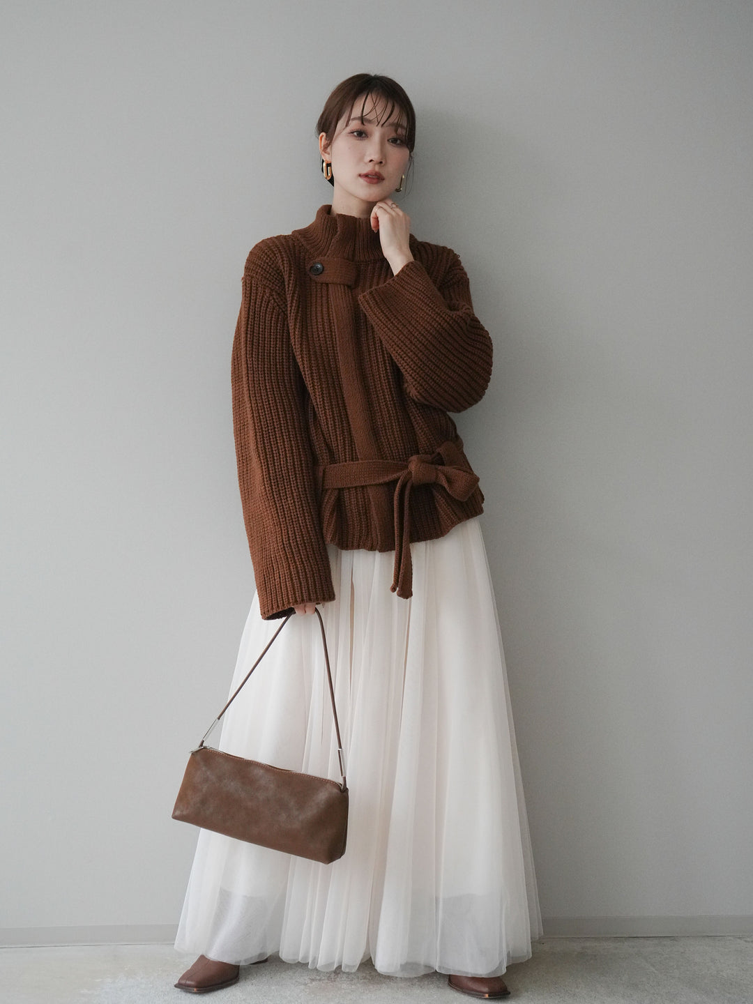 [SET]畦編みボトルネックZIPニットカーディガン+チュールボリュームスカート(2set)