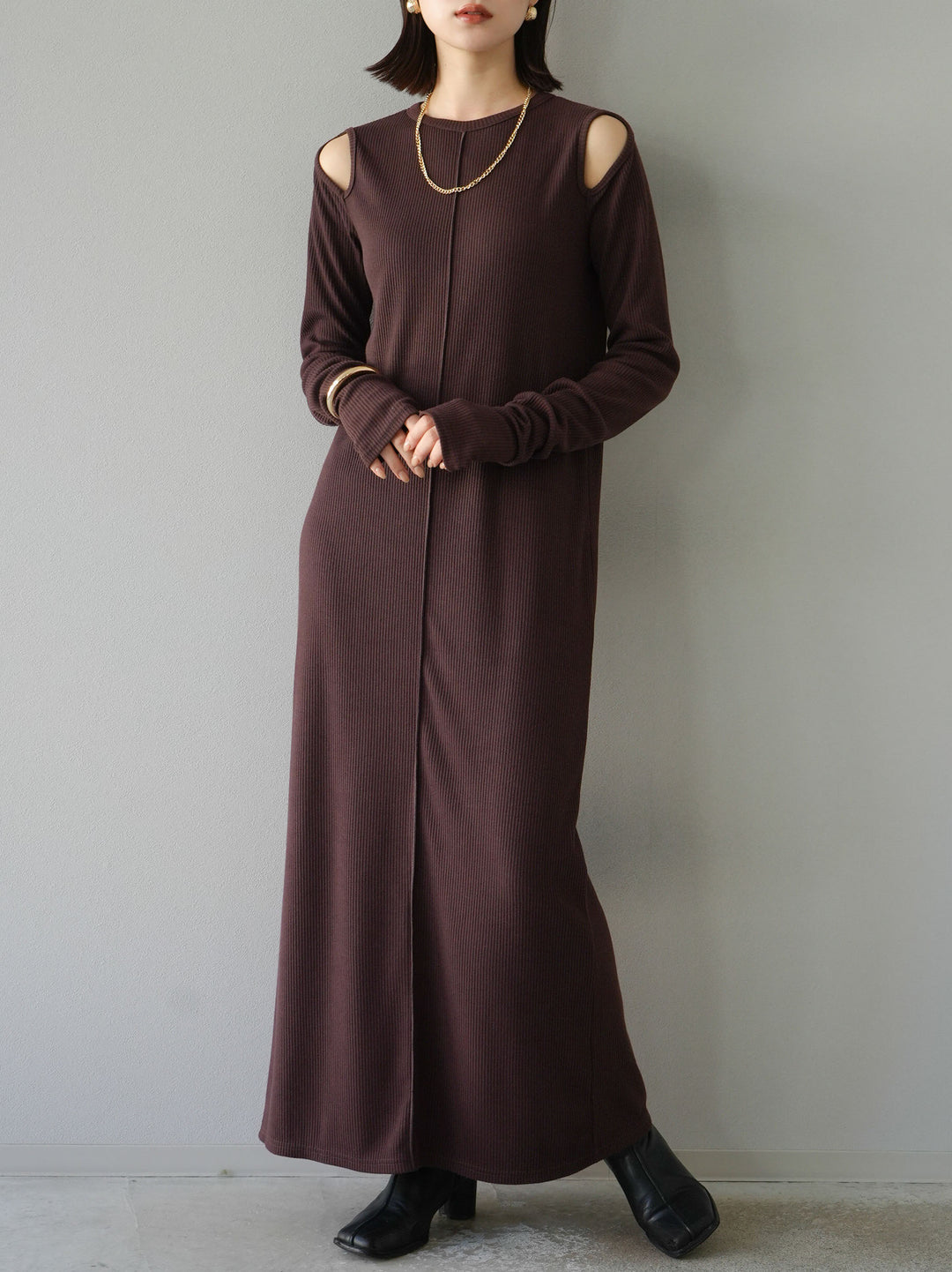 [SET] 鏤空羅紋長袖洋裝+可選配件套裝（2套）