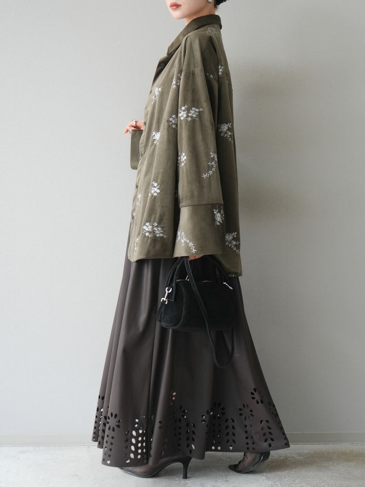 [予約]フラワーパンチングレザースカート/ブラウン