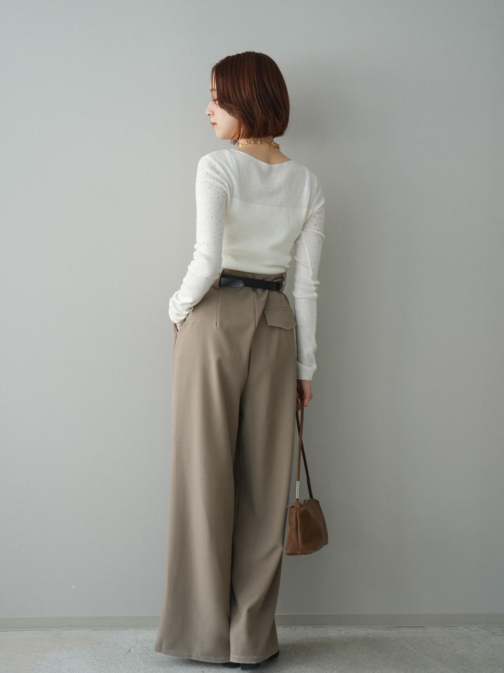 [SET]スパンコールシアーニットトップス+ベルト付キーホルダーモチーフワイドパンツ(2set)