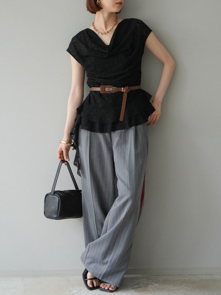 [予約]ベルト付ドレープデザインレーストップス/ブラック