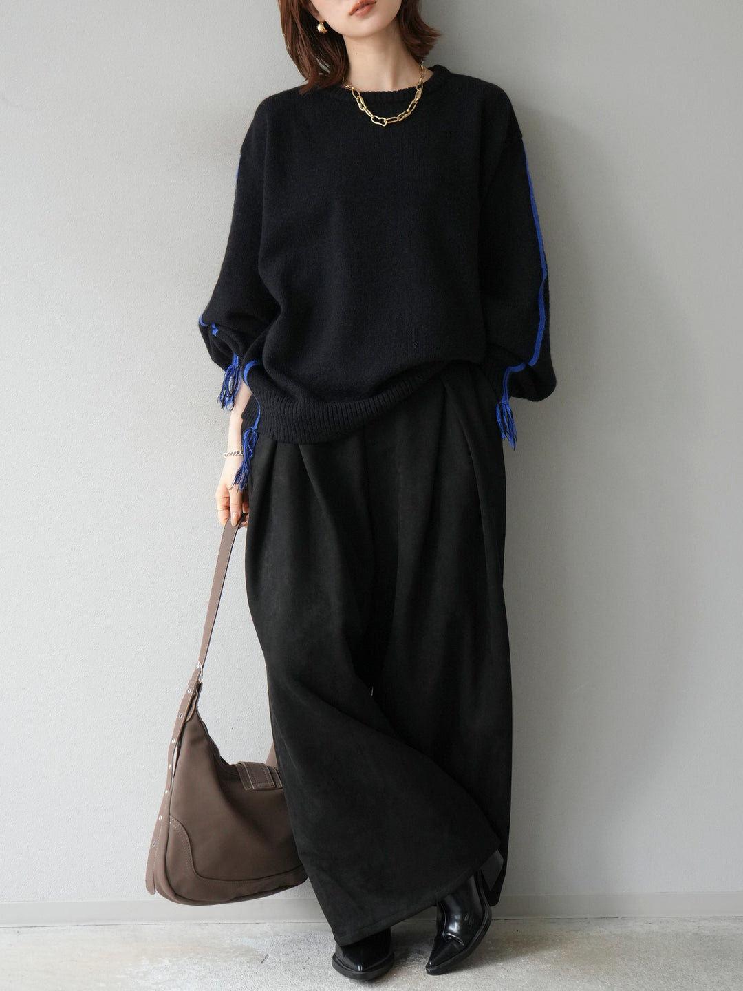 [予約]配色ステッチフリンジニットプルオーバー /ブラック