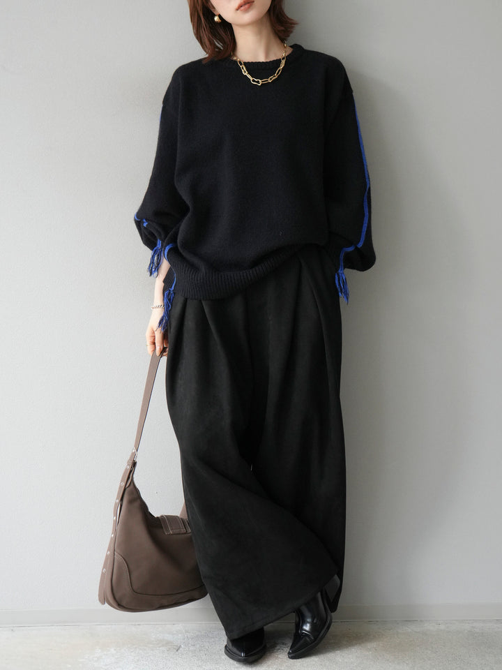 [予約]配色ステッチフリンジニットプルオーバー /ブラック