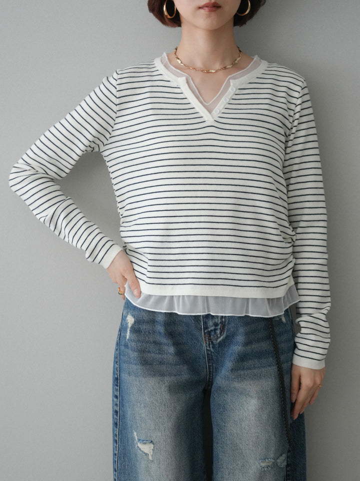 [SET]チュールレイヤードデザインボーダーニットトップス+ダメージデニムセミワイドパンツ(2set)