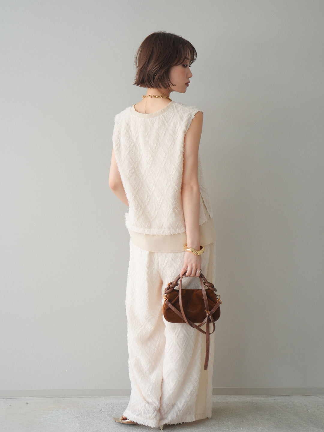 [SET]フリンジレイヤードVネックノースリーブ+フリンジイージーストレートパンツ(2set)