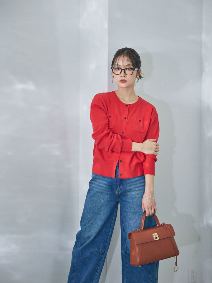 【Allure】[SET]ミニポケットニットカーディガン+アシメカーブデニムパンツ(2set)