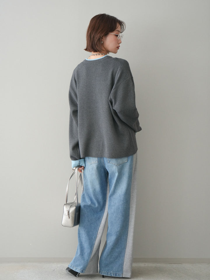 [SET]バイカラーオーバーニットカーディガン+デニム切替スウェットパンツ(2set)