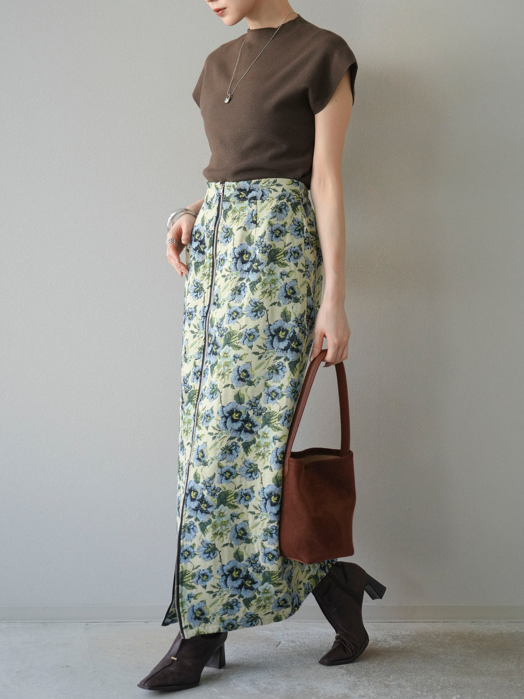 [予約]ゴブランフロントジップタイトスカート/ブルー