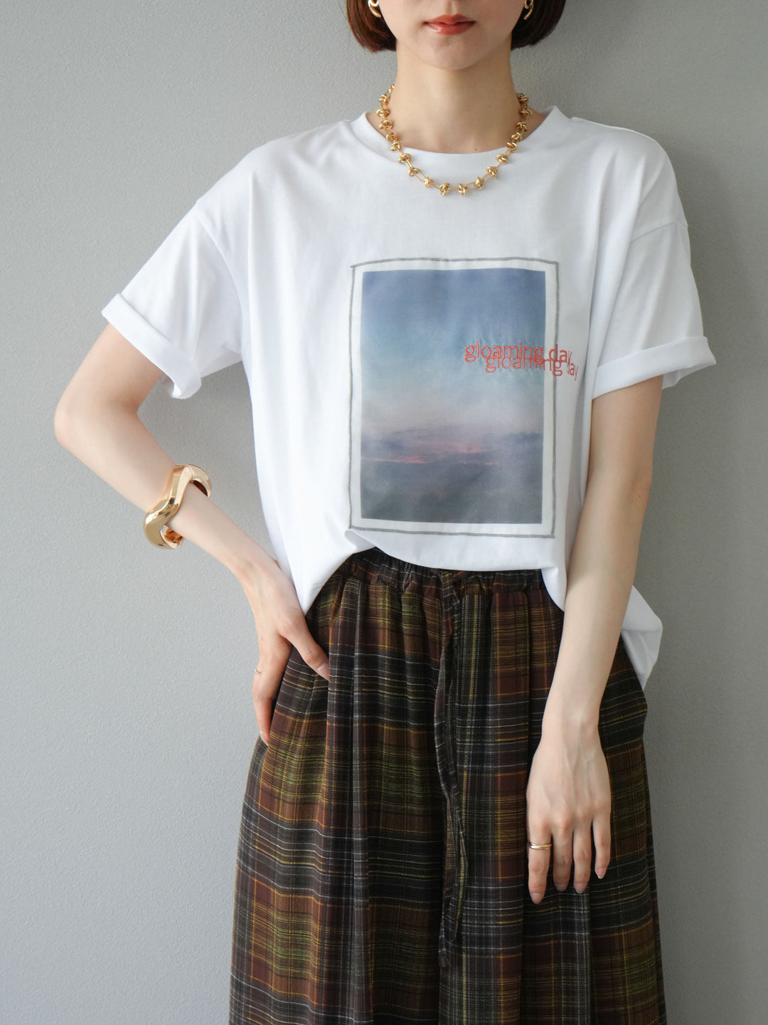 [SET] 薄紗層疊印花T卹 + 透視格紋寬鬆褲 (2件套)