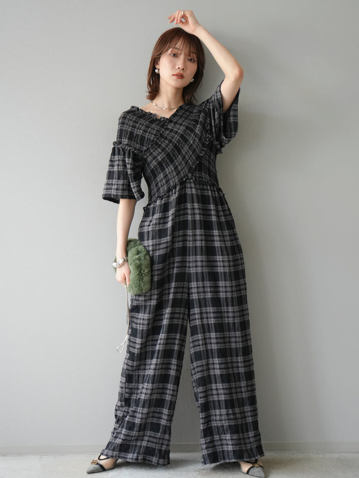 [予約]チェック柄ハーフスリーブシャーリングクロスサロペット/ブラック
