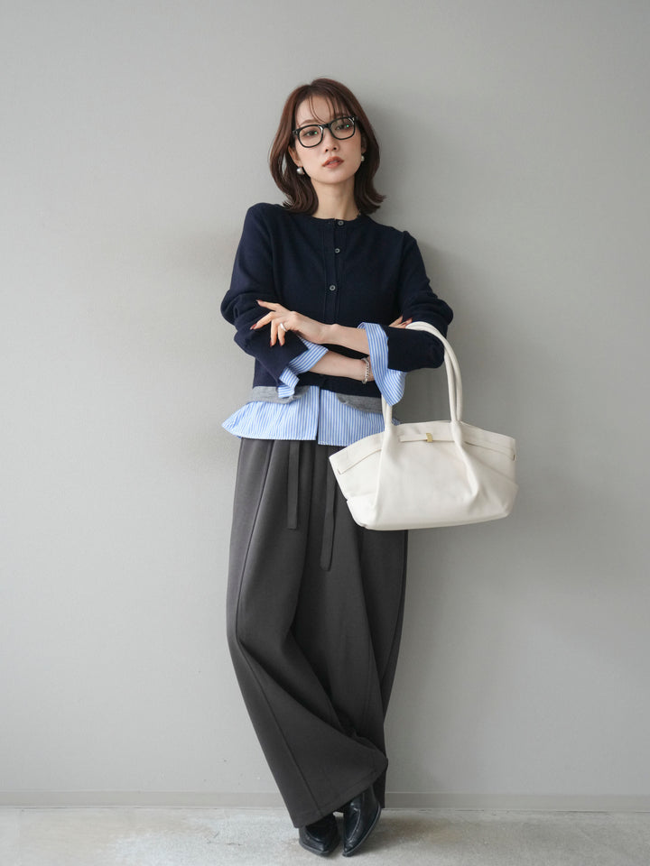 [SET]シャツ襟レイヤードニットカーディガン+ベルト付スウェットワイドパンツ(2set)