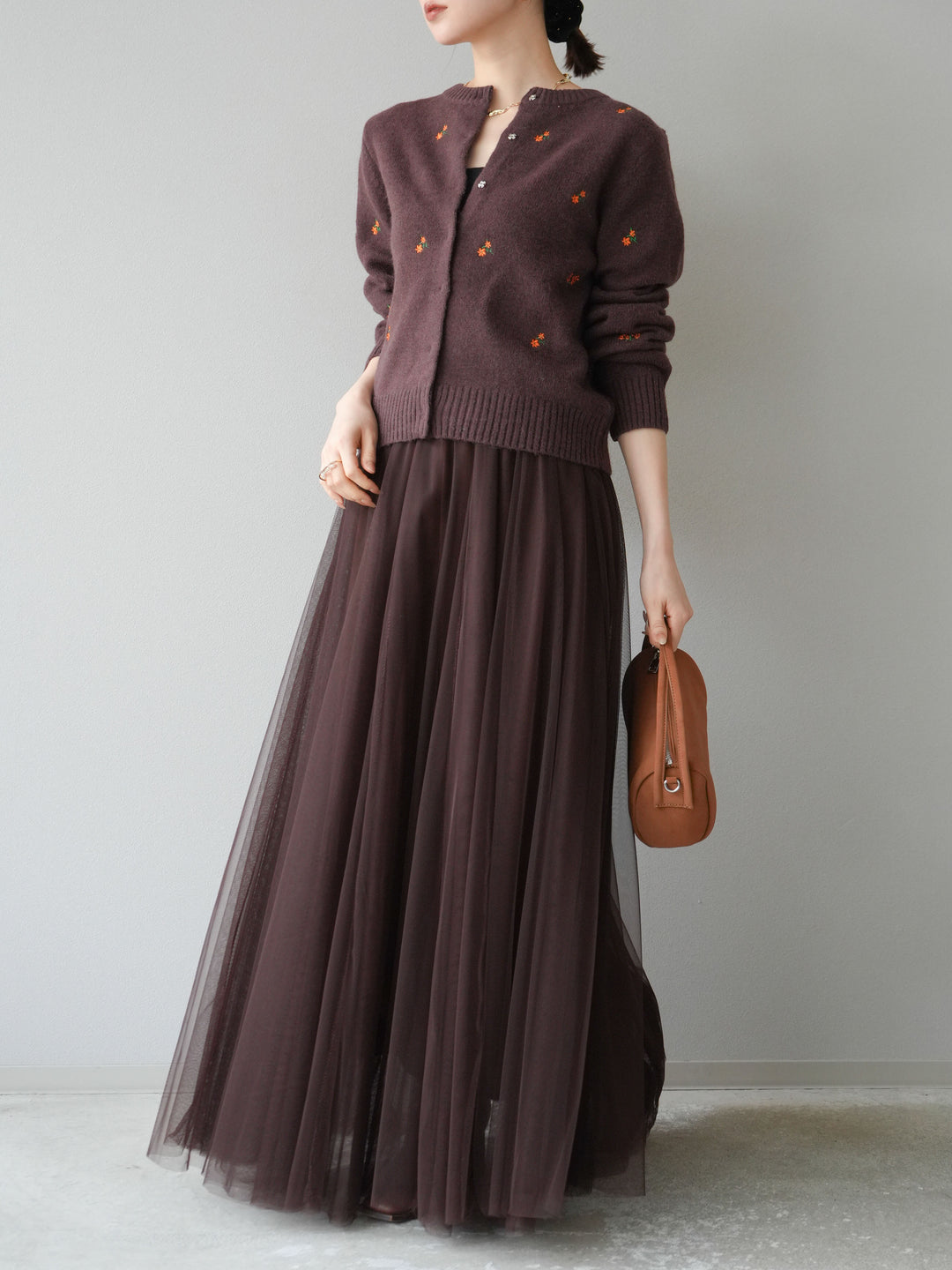 [SET]フラワー刺繍ニットカーディガン+チュールボリュームスカート(2set)