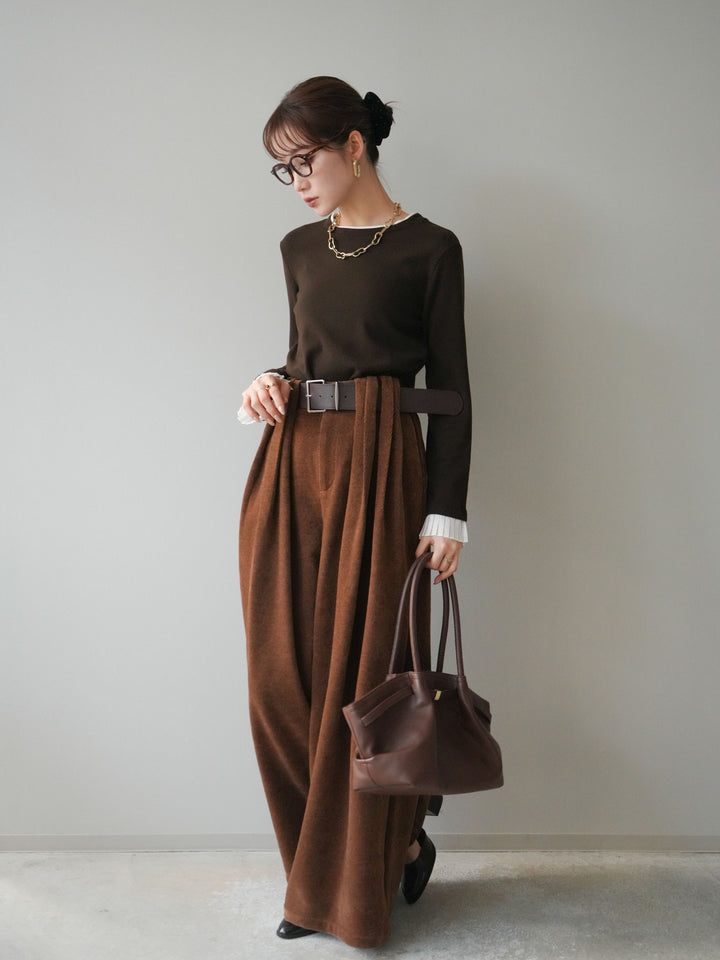 [SET]袖プリーツ配色レイヤードトップス+ベルトデザインループコールテンワイドパンツ(ベルト付き)(2set)