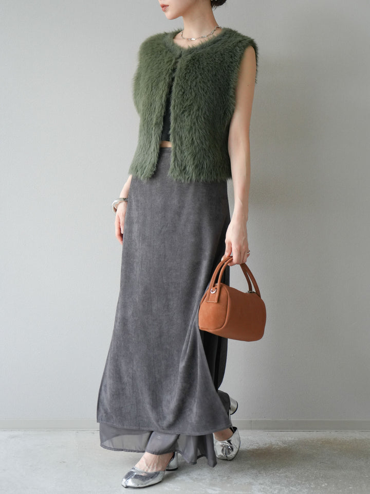 [予約]サイドスリットスウェードドッキングシフォンスカート/グレー
