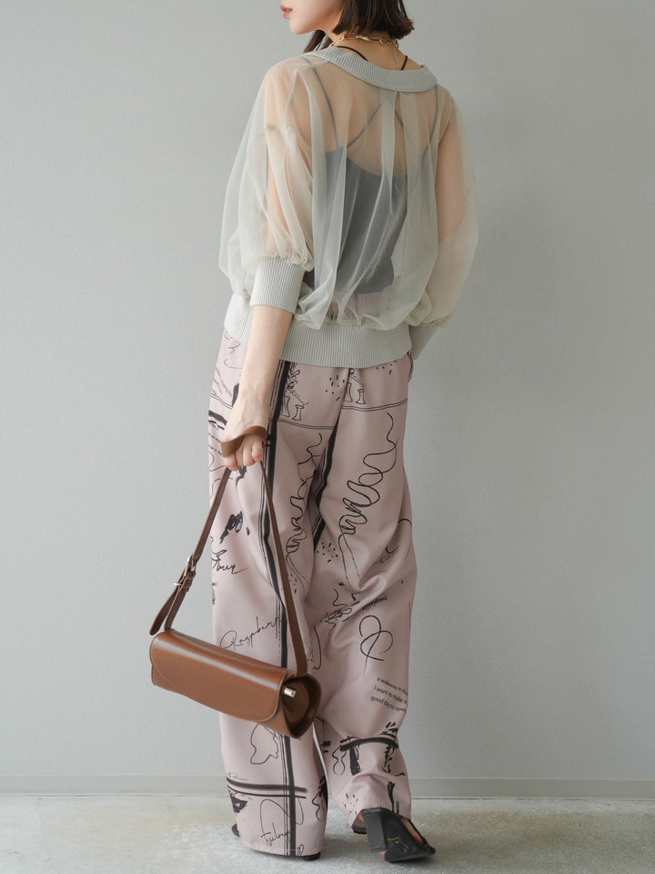 [SET] 透視半袖褶皺開襟衫 + 彩繪圖案褶襉褲 (2set)