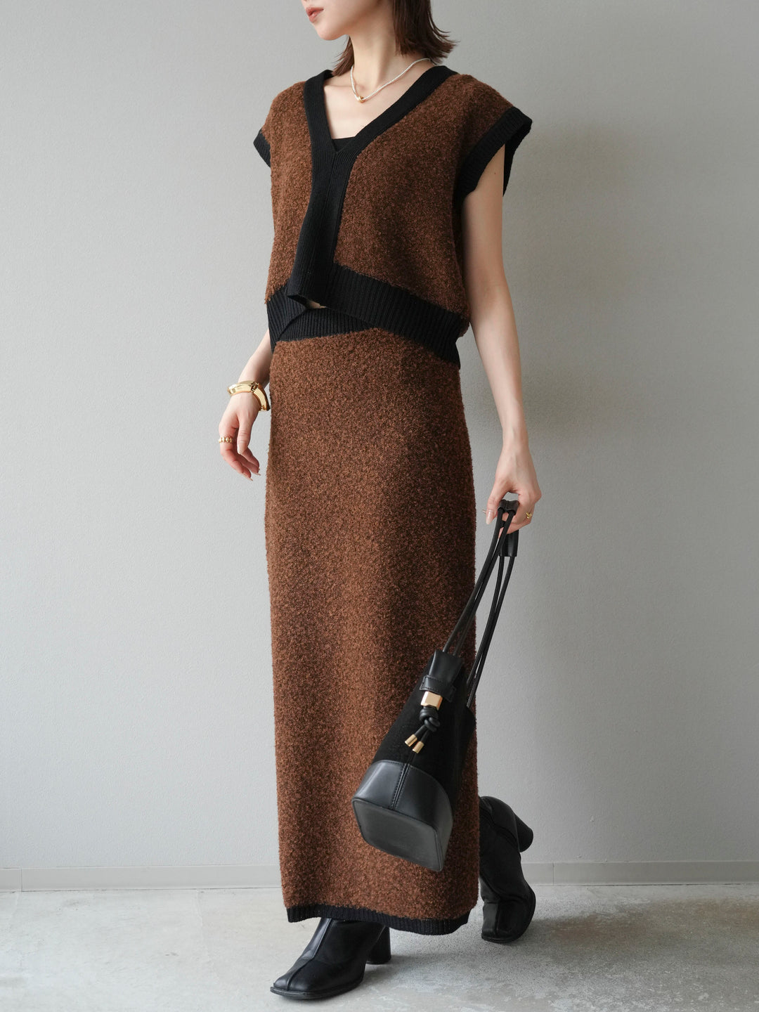 [予約]ブークレバイカラータイトニットスカート/ブラウン