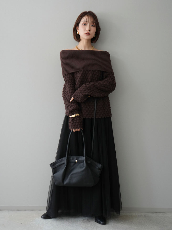 [SET]ポコポコ編みオフショルニットプルオーバー+チュールボリュームスカート(2set)