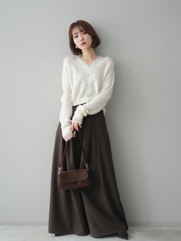 [SET]ドットチュールレイヤードボタンニットトップス+テープベルトタックバギーパンツ(2set)