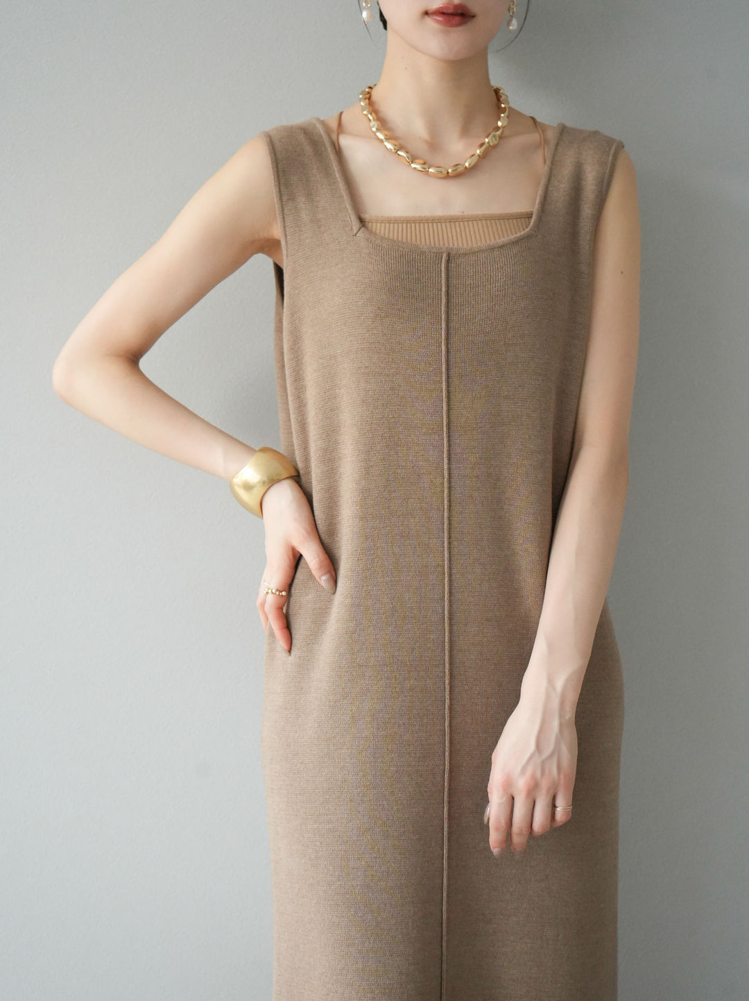 [予約]スクエアネックニットワンピース/ベージュ