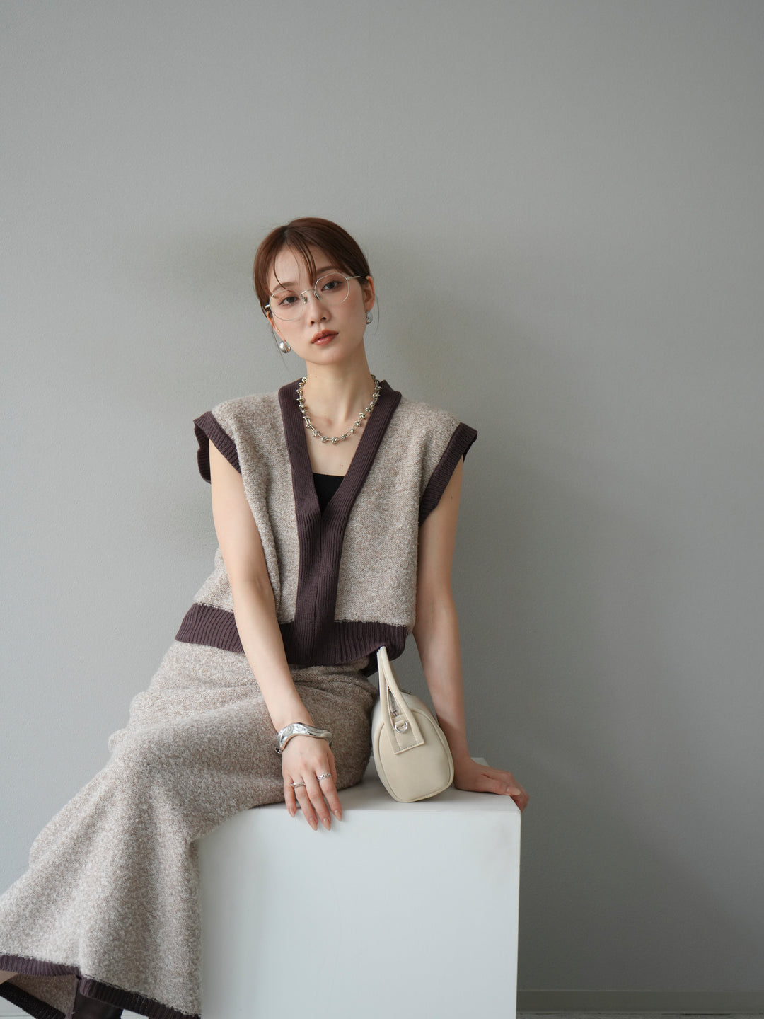 [予約]ブークレバイカラーニットベスト/ベージュ