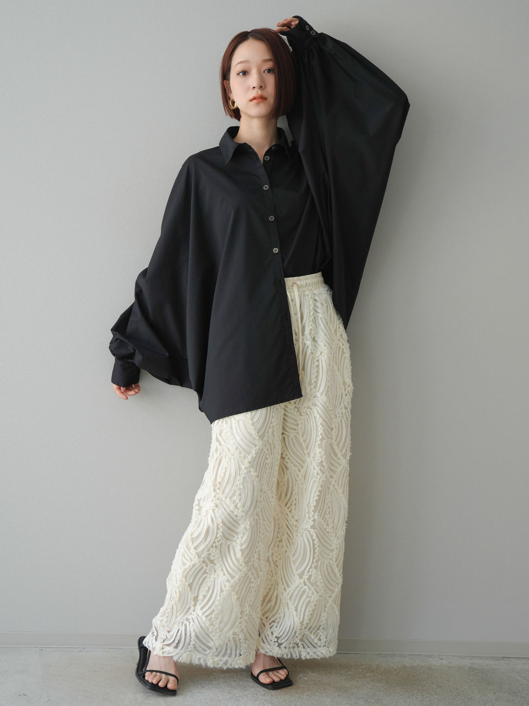 【預購】透視提花寬褲/象牙白