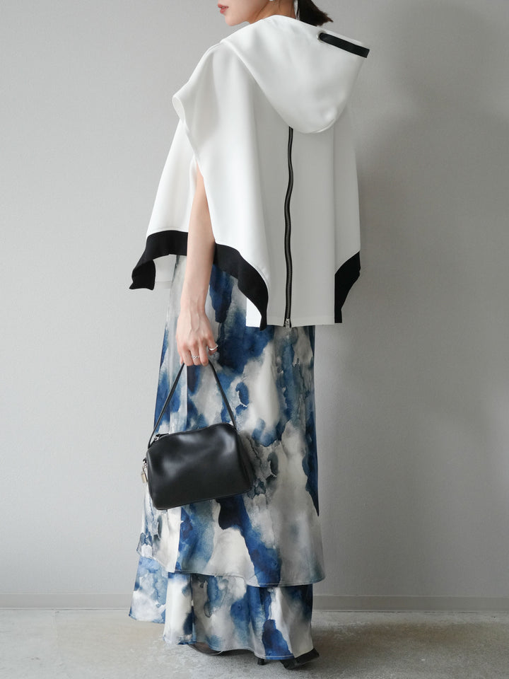 [SET]アシンメトリードルマンバックZIPフーディー+ニュアンスサテンフリルスカート(2set)