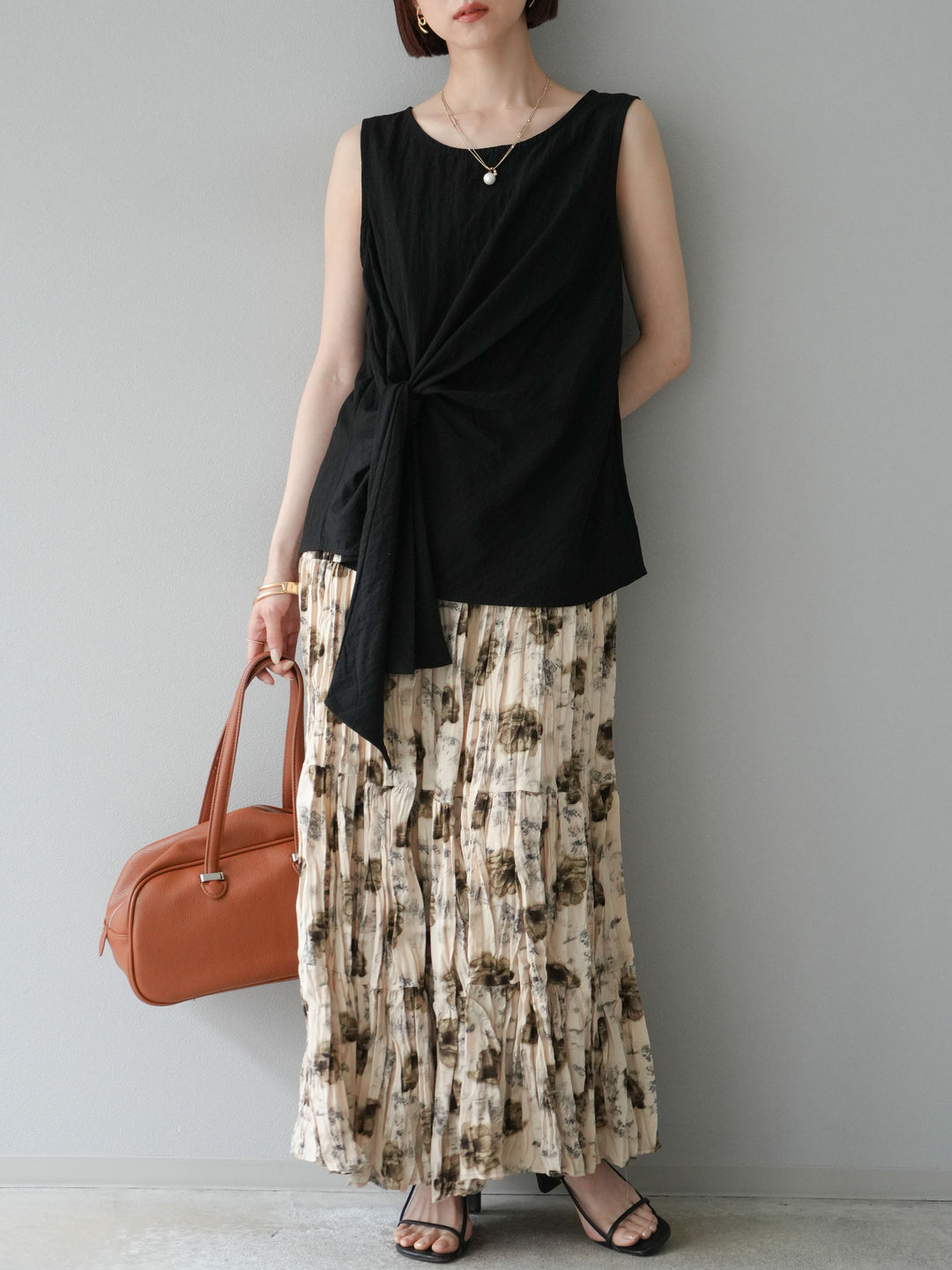 [SET]フロント巻きノースリーブブラウス+フラワーワッシャーロングスカート(2set)