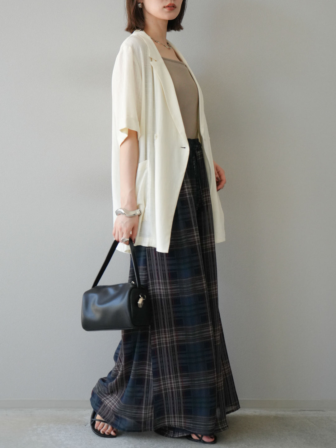 [預購] 透視格紋寬鬆褲/藏青色