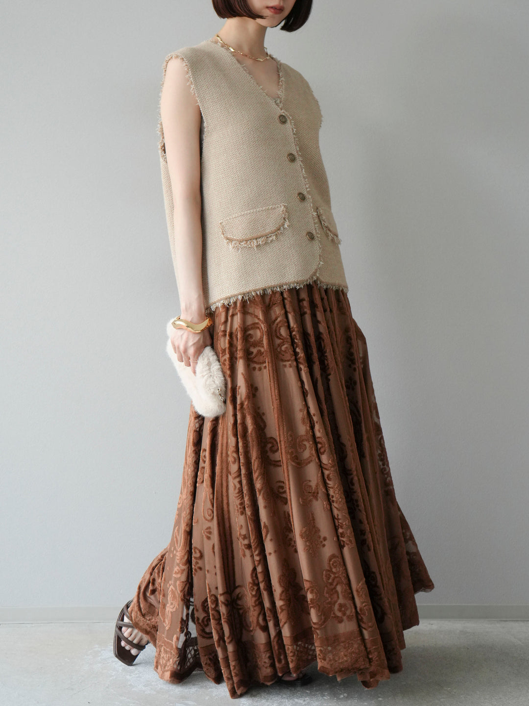[予約]アンティーク柄フロッキーマキシスカート/ブラウン