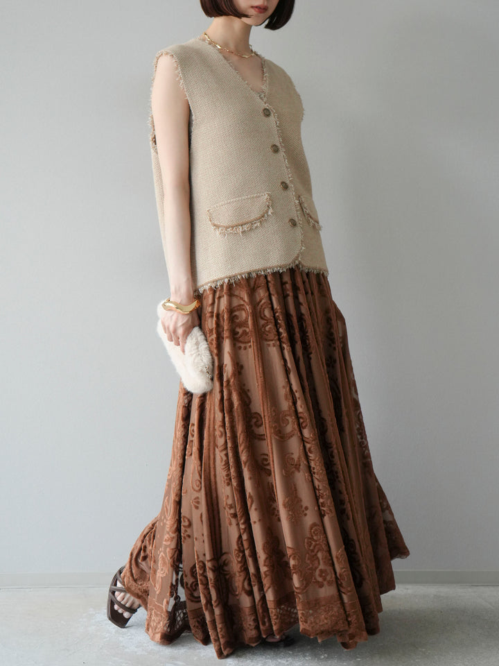 [予約]アンティーク柄フロッキーマキシスカート/ブラウン
