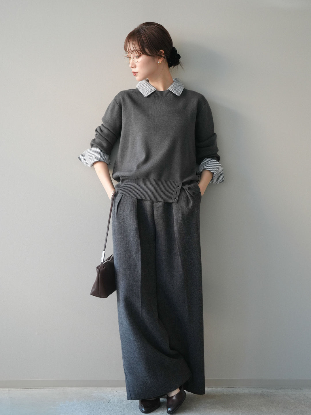 [予約]ウールタッチベルト付ワイドパンツ/charcoal