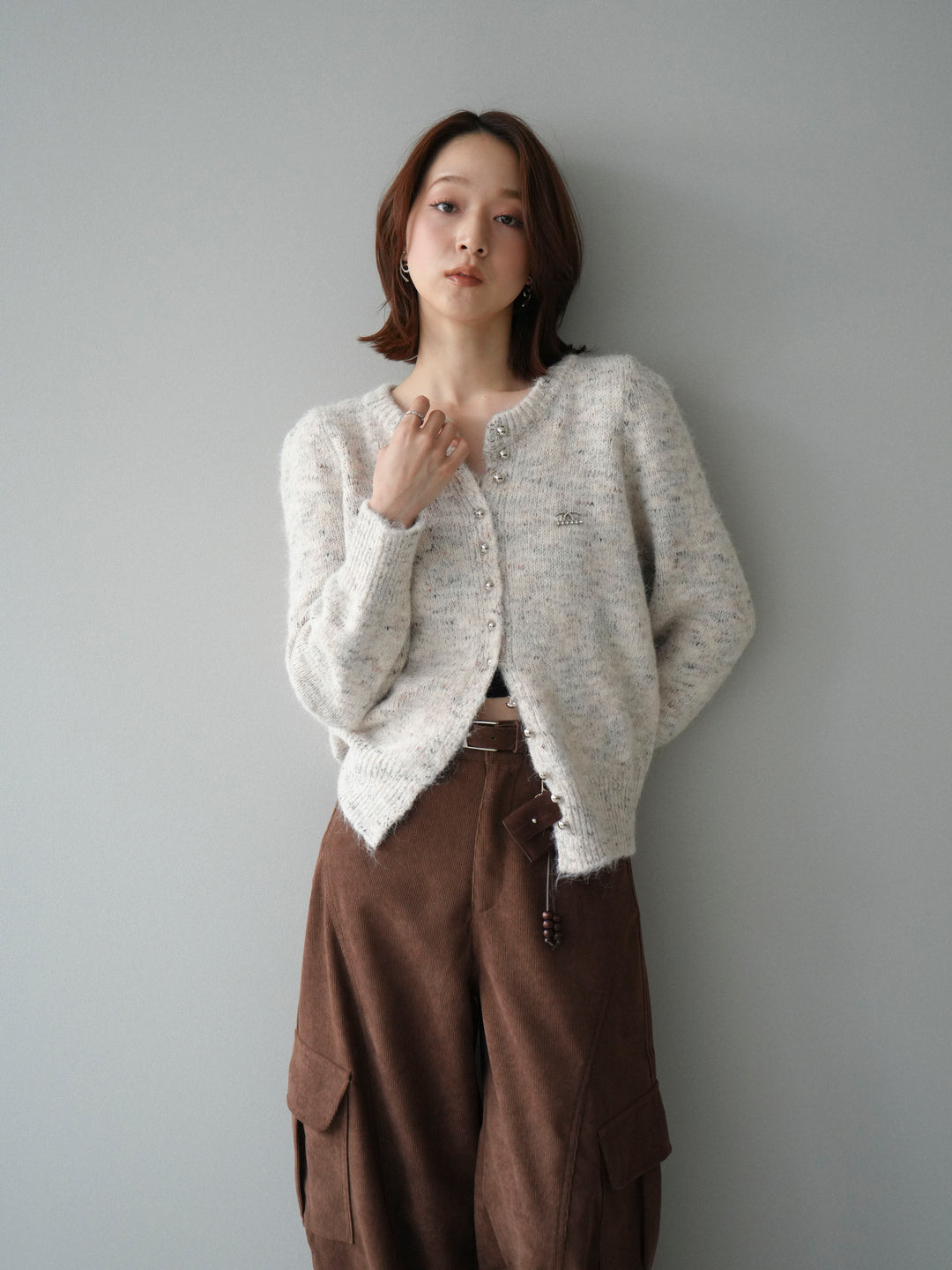 [予約]ブローチ付silverボタンミックスニットカーディガン/beige