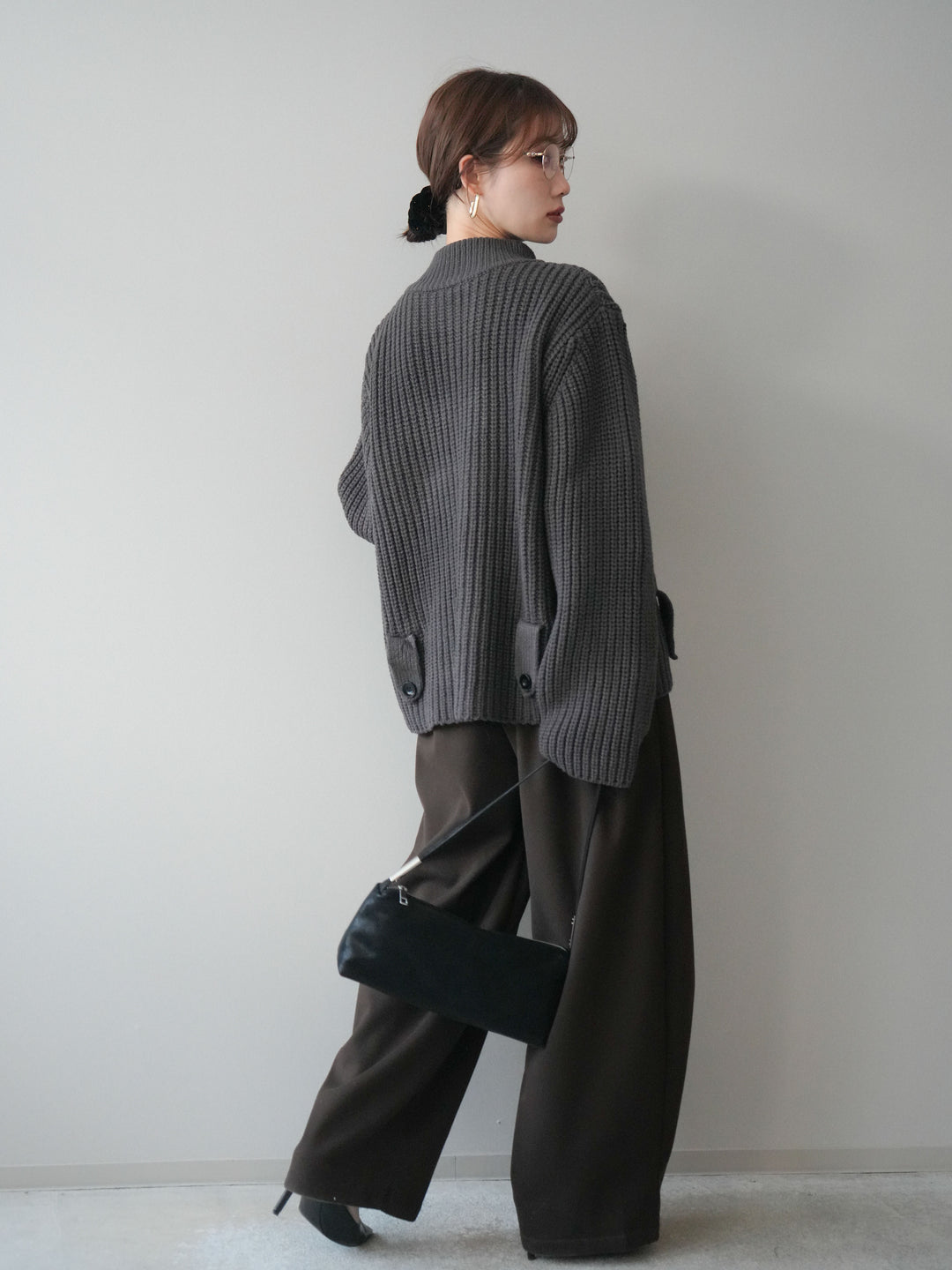 [SET]畦編みボトルネックZIPニットカーディガン+ベルト付裏起毛センターシームカーブパンツ(2set)