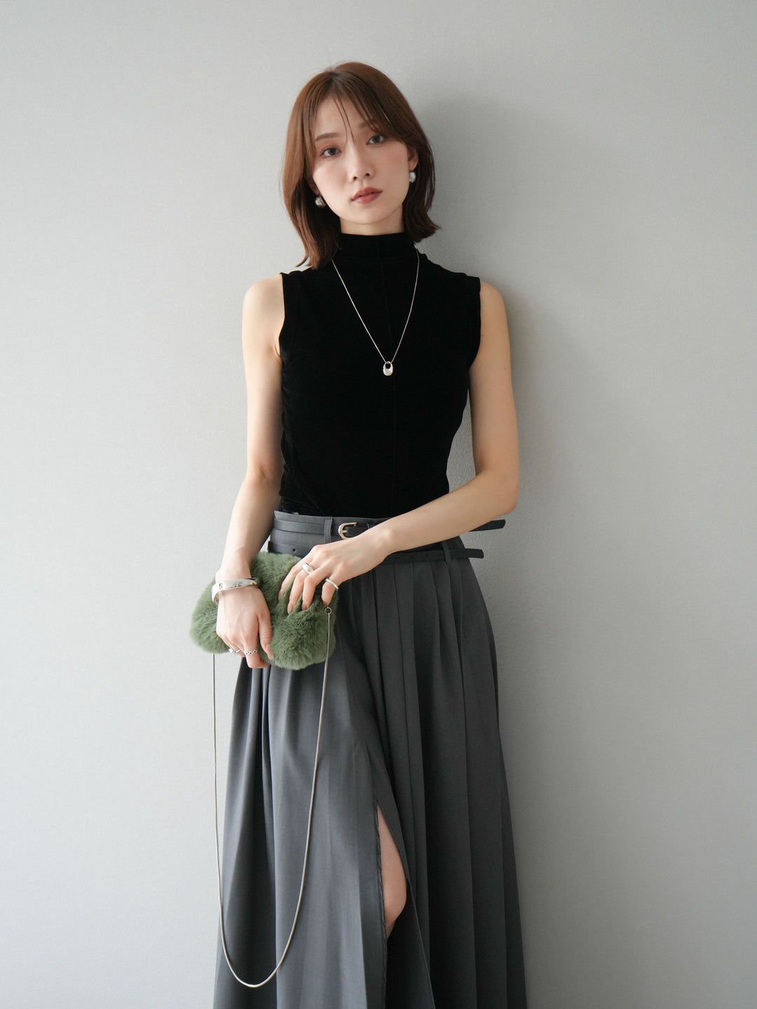 [予約]シアーベロアプチネックノースリーブトップス/ブラック