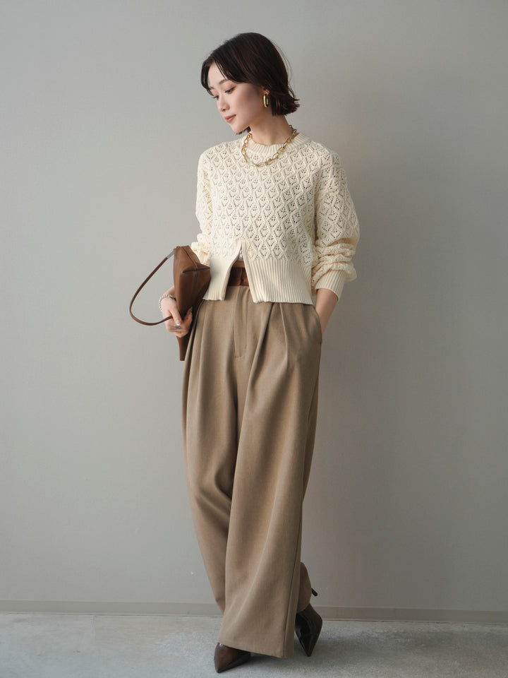 [予約]サテンベルトタックワイドパンツ/beige