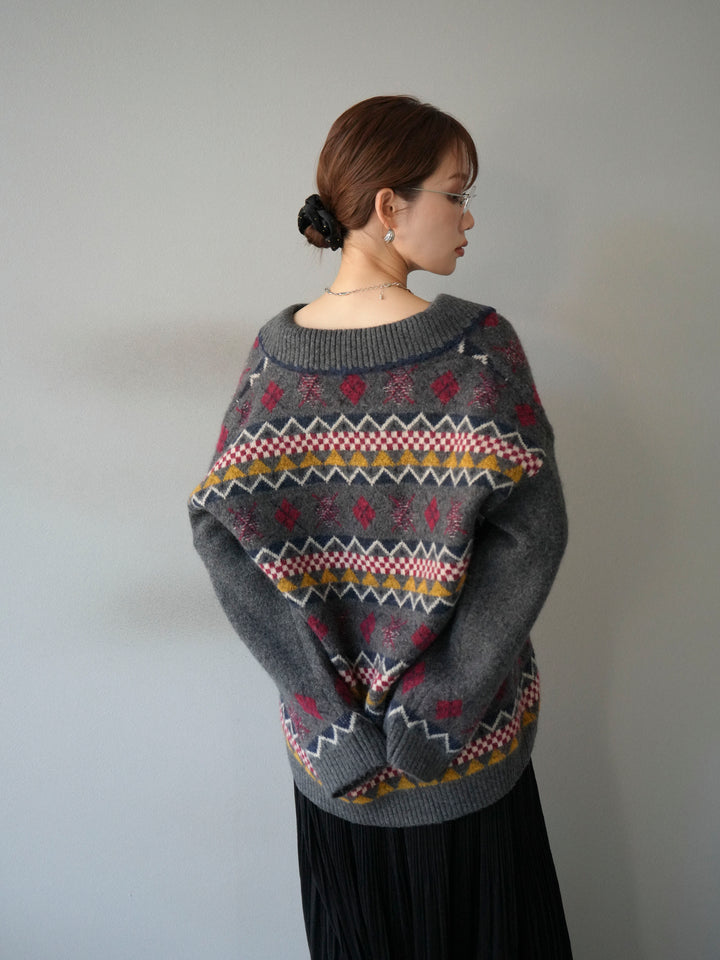 [予約]ノルディック柄ポロニットプルオーバー/チャコール