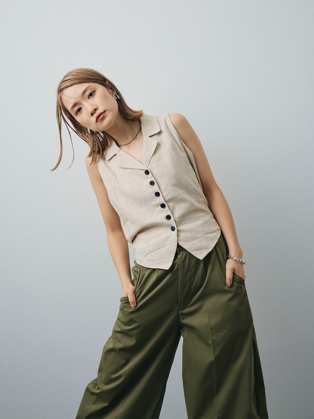 [SET]リネンライクテーラードジレ+コクーンワイドチノパンツ(2set)