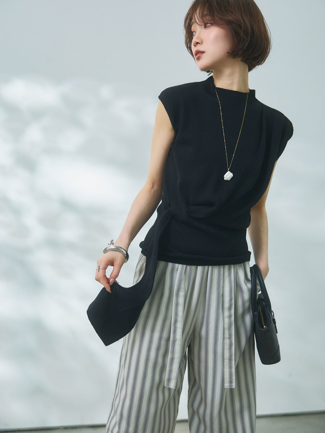 【Allure】[SET]サイドベルトボトルネックノースリーブニットトップス+サイドベルトボトルネックノースリーブニットトップス(2set)