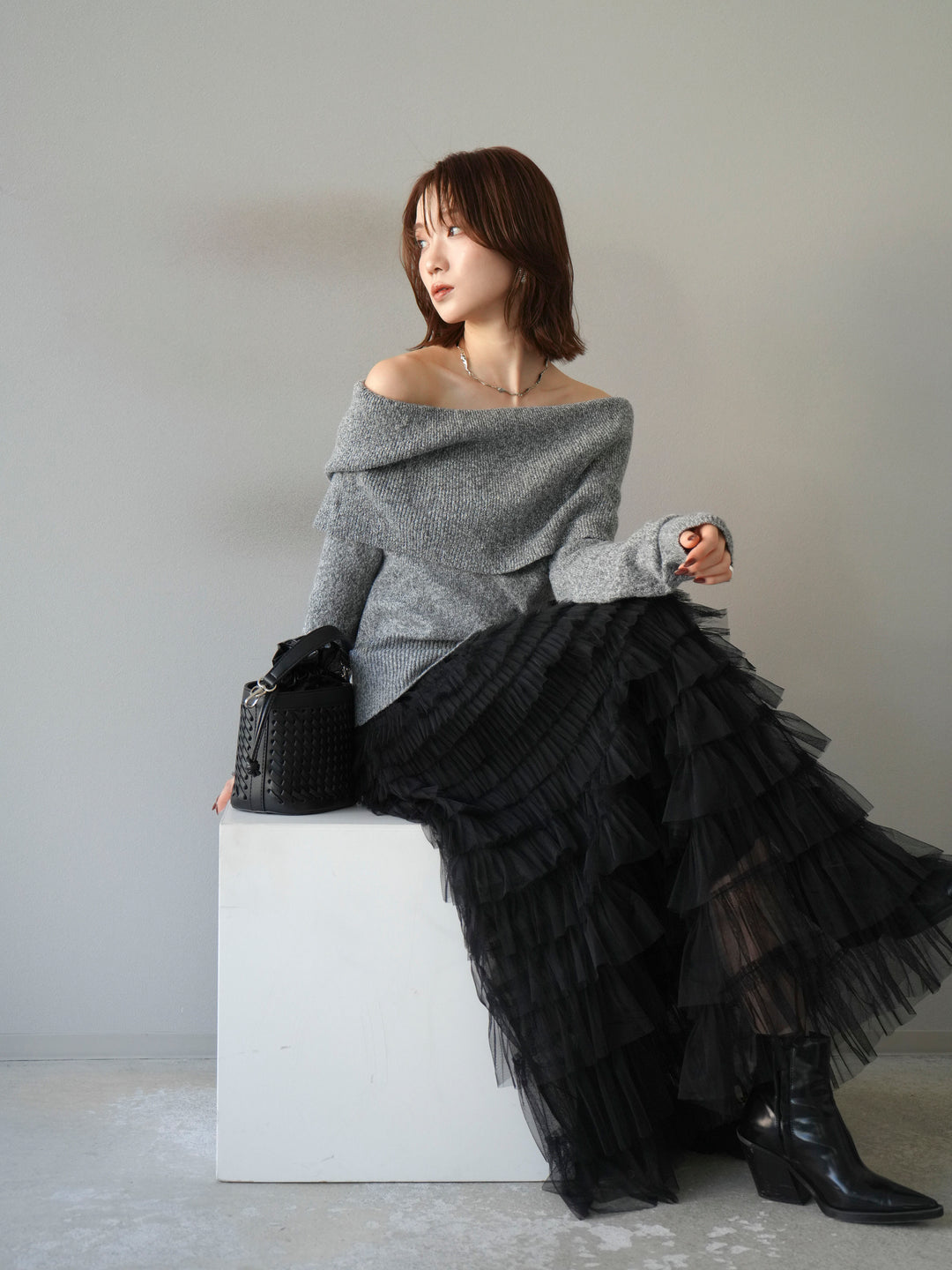 [予約]ミックスヤーンオフショルニットプルオーバー/グレー