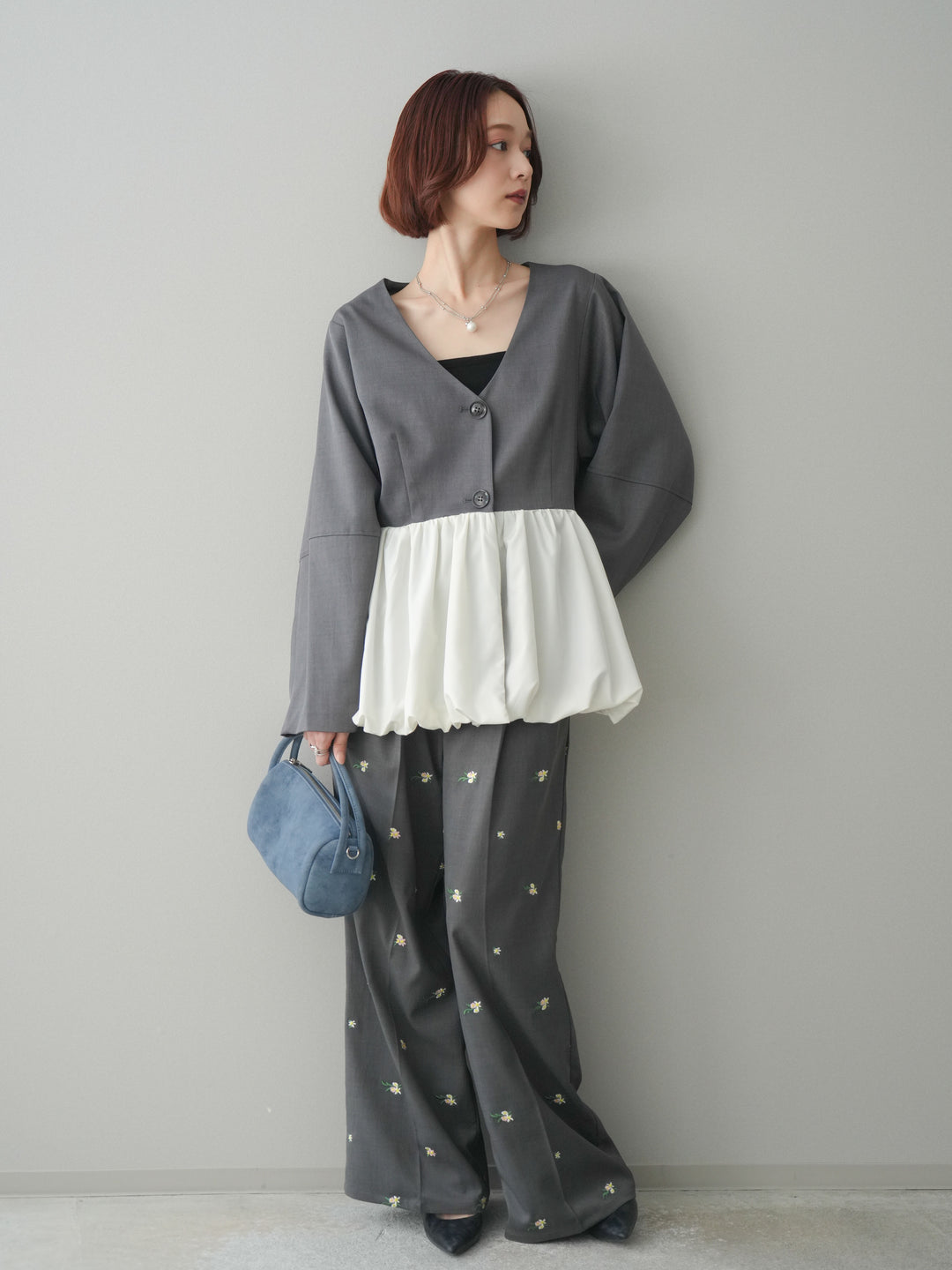 [予約]フラワー刺繍タックパンツ/gray
