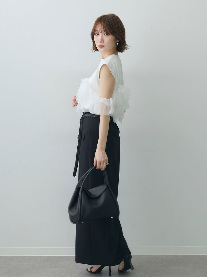 [SET]マルチwayフリルフレンチTEE+クレープデシンフラップ付きストレートスカート(2set)