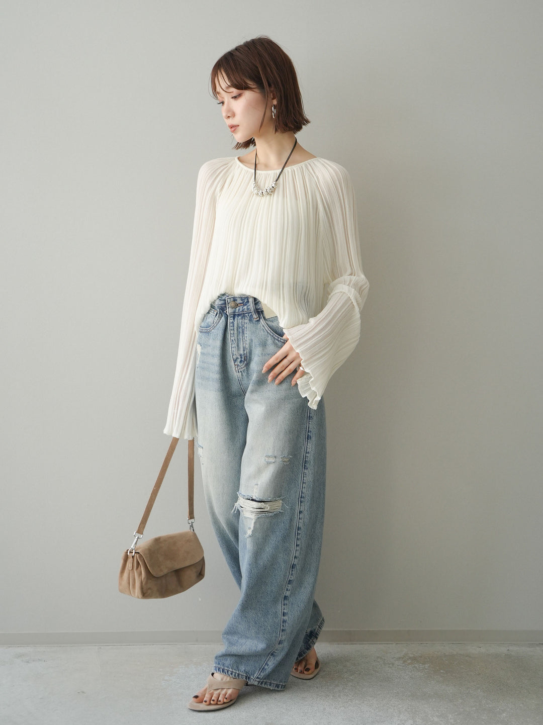 [予約]ダメージデニムセミワイドパンツ/lightblue